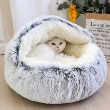 Cat Bed Round Plush Kitten Sleeping Nest Bed-Gift 3pcs Teething Sticks