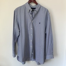 Ralph Lauren Cotton Striped Shirt Blue White 17 1/2 Long Sleeve Men Button-Down