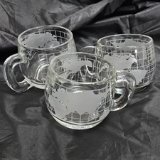 3 Vintage Nestle Nescaf&eacute; World Globe Map Geography Etched Glass Mug 1970's