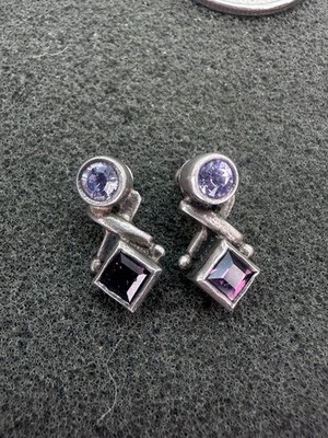 Sterling Silver Purple And Pink Stone Stud Earrings 