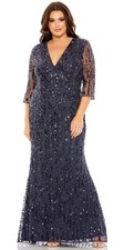698 Mac Duggal Size 18 Woman Gown Navy Tulle Sequin Beaded Maxi Long Dress