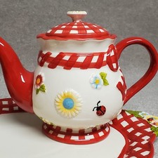 Temp-tations Gingham Garden Red 2017 Tea Set Ladybug Flowers Stoneware Brand New