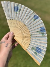 Vintage Chinese Folding Hand Fan W/Floral Design Bamboo  Fabric W/Original Box