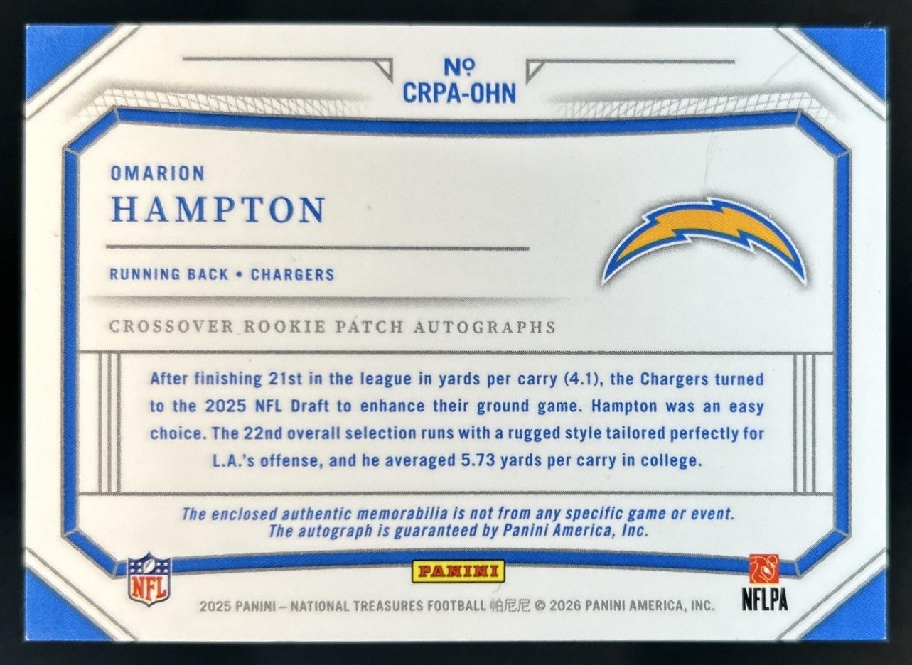 2025 National Treasures Omarion Hampton Crossover Rookie Patch Auto Nike Logo /2 view 2