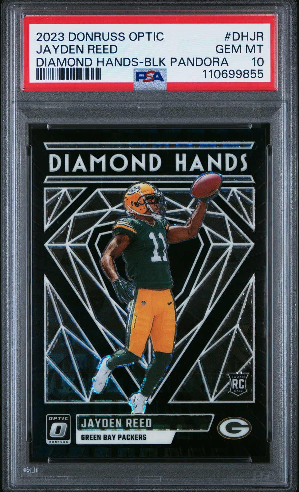 2023 Donruss Optic Diamond Hands Jayden Reed /25 Black Pandora Rookie PSA 10