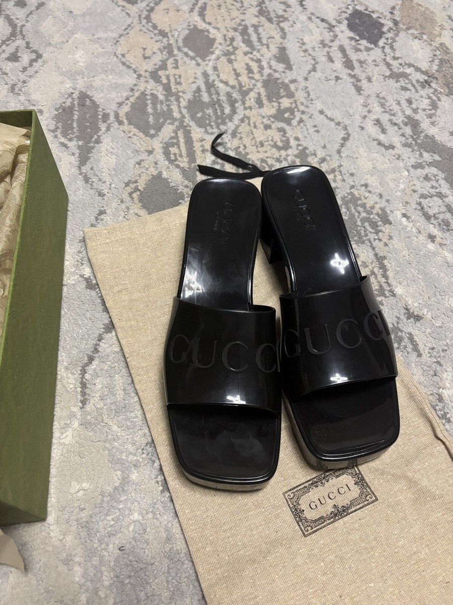 GUCCI BLACK Rubber Logo Platform Block Heel Slide Sandal Size EU