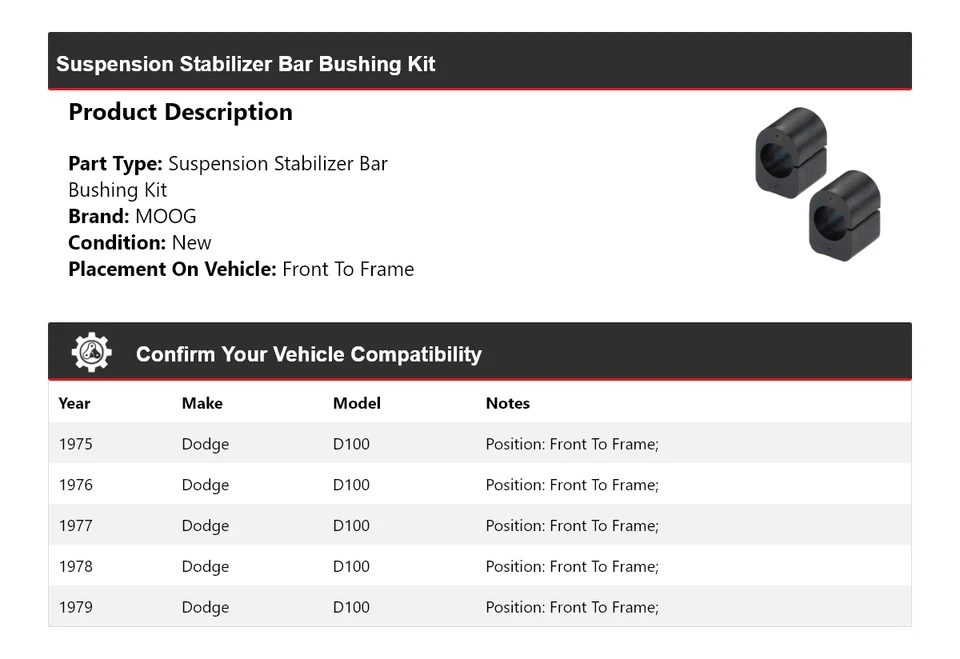 Kit de buje de barra estabilizadora de suspensión para Dodge D100 1975-1979 MOOG 1975 1976 Foto 2 de 4