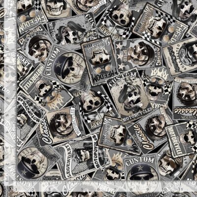 Halloween Fabric | Wicked Skull Motorcycle Poster Gray | Timeless Treasures YARD