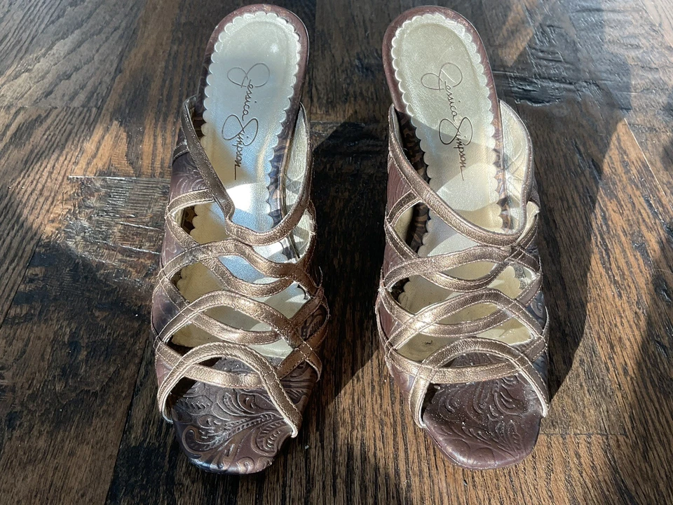 Jessica Simpson 一脚蹬锥形鞋跟凉鞋棕色皮革女式美国 8.5B 码 — 第 3/4 张图片