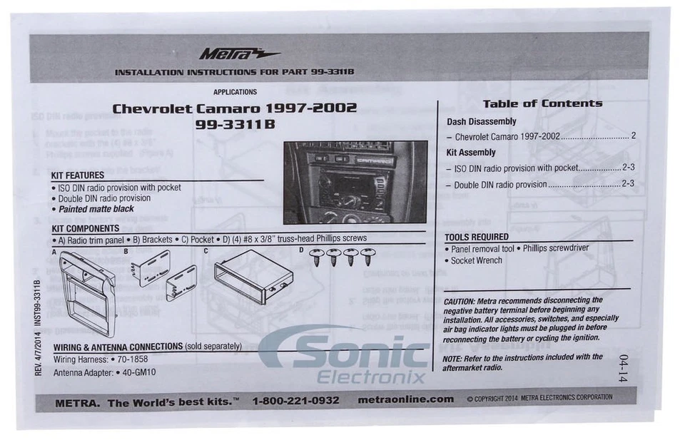 Kit de instalación DIN simple/doble Metra 99-3311B para Chevy Camaro 1997-2002 selecto Foto 2 de 3