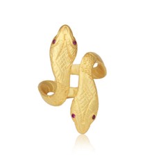 Gold Striped Snake Ring Double Head Twist Snake Ring With Zircon Red Gemstone