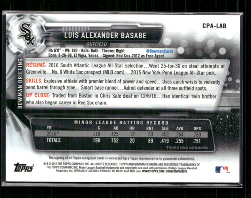 Luis Alexander Basabe 2017 Bowman Chrome Prospects Auto - Picture 2 of 2
