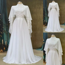 Muslim Wedding Dresses with Cape Chiffon A Line Beaded High Neck Bridal Gowns