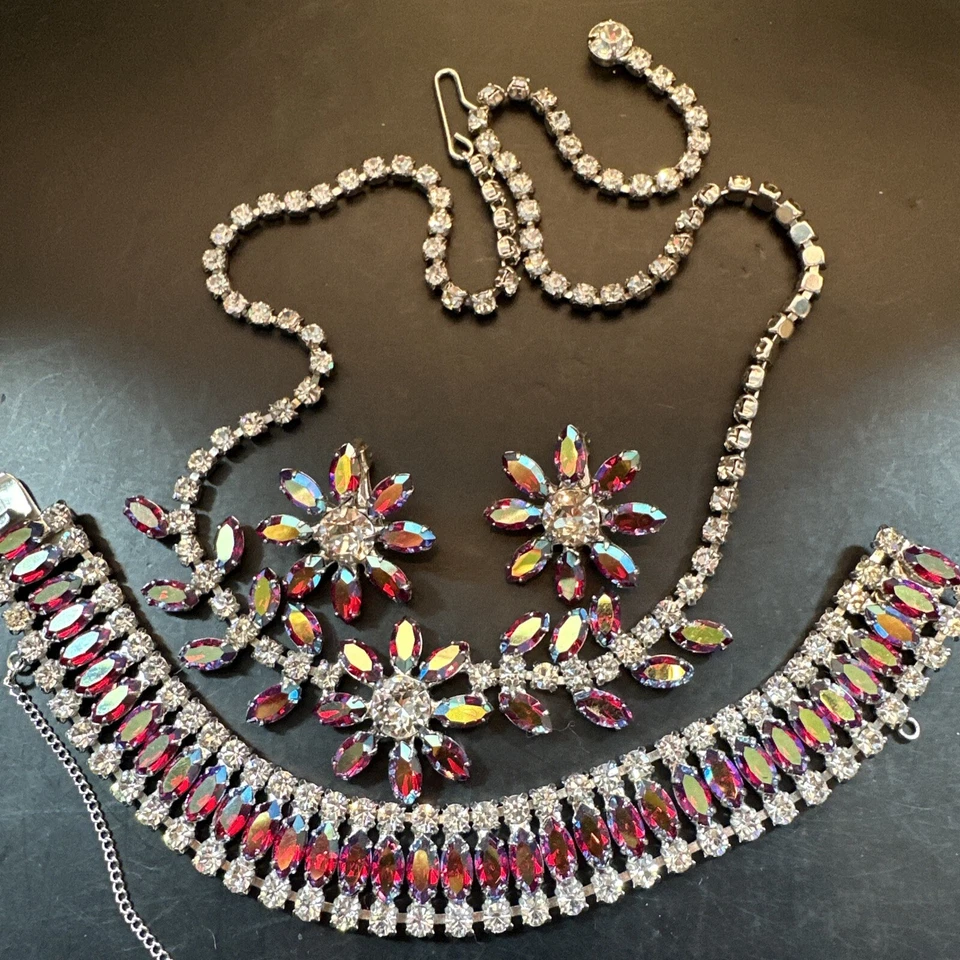 Винтажный набор ювелирных изделий 1960-х с подписью B. David красный AB и прозрачные стразы - Изображение 2 из 4