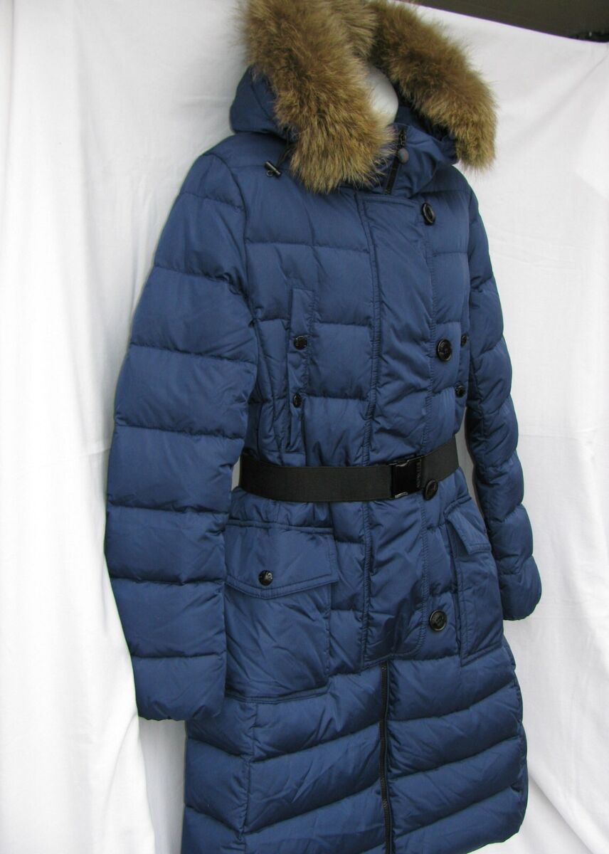 Moncler Salsifis Giubbotto Long Down Jacket with Fur Hood, Blue