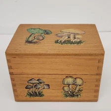 Vtg Solid Oak Recipe Box Mushroom Look Recipes Included