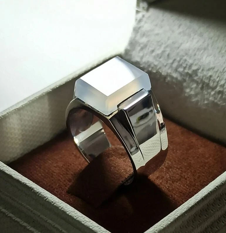 Anillo de cuarzo blanco de forma cuadrada de plata esterlina 925 natural Dur e Najaf para hombre Foto 3 de 3