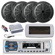 Pyle Bluetooth Marine Radio,Cover,Antenna, Amp,Kit, 4x 5.25'' 100W Black Speaker