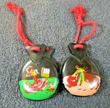 2 Lovely Vintage Spanish Castanets Beautifully Hand Painted Bull And Dancer 