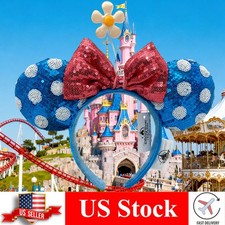 Disney-Parks Sequins Blue Polka Dot Minnie Ears Headband - Red Bow  White Daisy