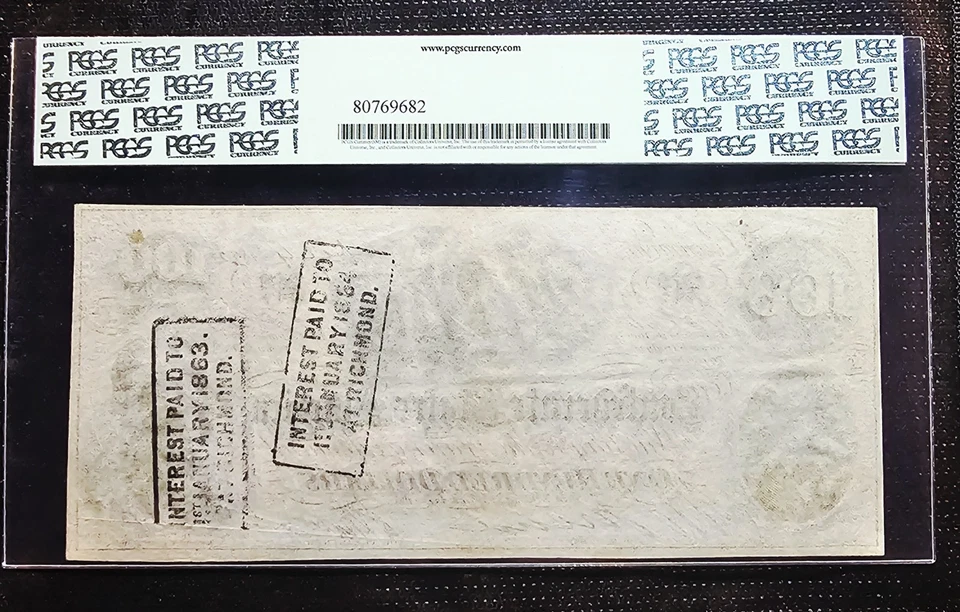 1862 T-41 $100 Confederate Note AU50 Double Richmond Interest Stamps 1863, 1864 - Image 2 of 4