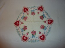 Lovely Vintage Valentine Red Heart Floral Round Handkerchief Hanky 13.5" Cotton