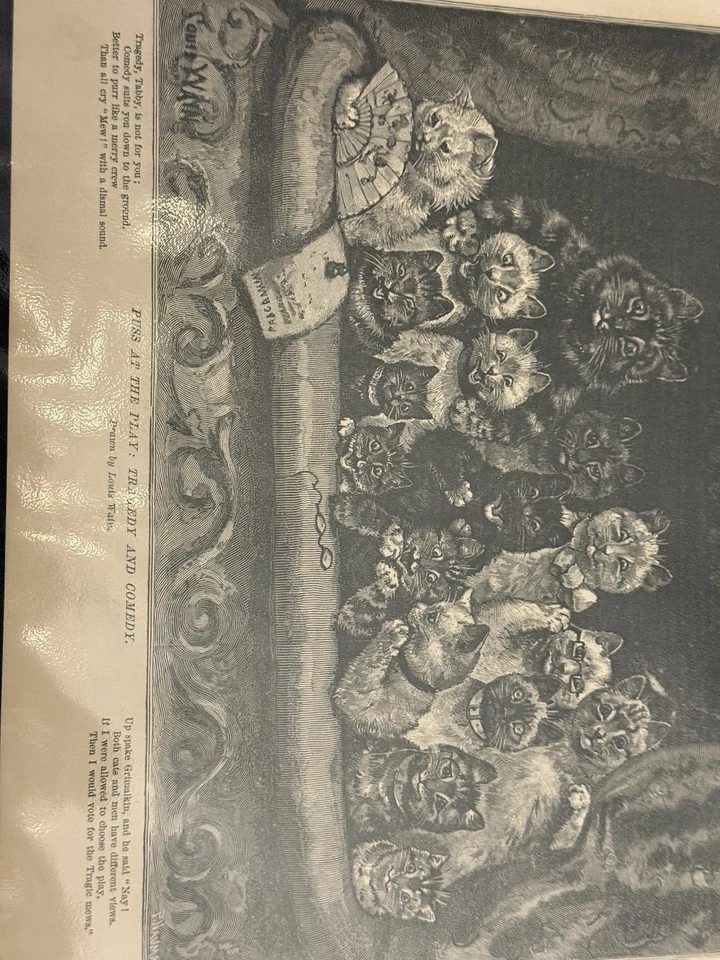 Grabado en madera "Puss At The Play: Tragedy And Comedy" de Louis Wain 1887 Foto 3 de 4