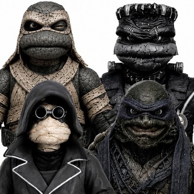 NECA TMNT x Universal Monsters B/W Complete Set of 4 Black & White Figures