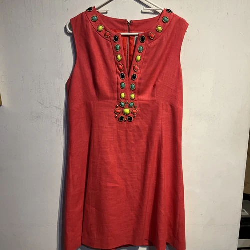 Abito donna Kate Spade Edith misto lino rosa scollo impreziosito taglia 14