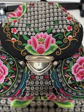 Woven Bohemian Embroidered Rose Backpack Black Trim Multicolored Boho Gold Clasp