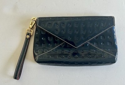 Arcadia Italian Designer Imbossed Navy Blue Patent Leather Wristlet Clutch