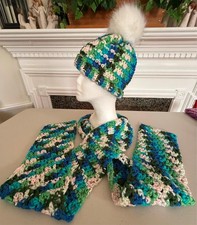 Handmade Crochet Women Chunky Acrylic POM Beanie Hat Scarf SET Blue Green Multi