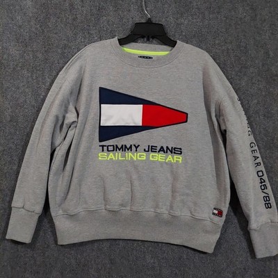 Tommy Jeans Sweatshirt Mens Large Gray Sailing Gear Flag Crewneck Pullover Logo