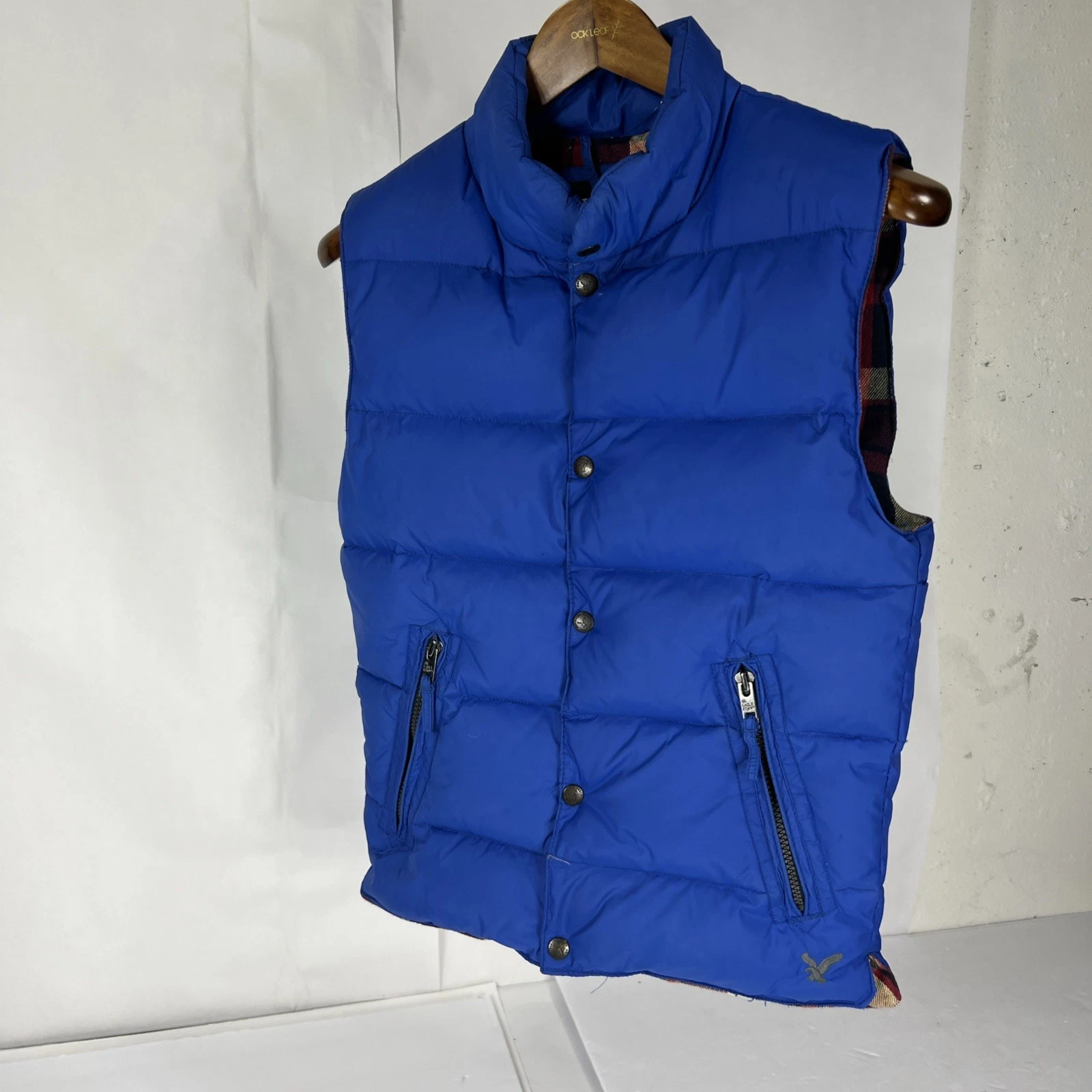 Vintage Y2K American Eagle Mens Vest Puffer Goose Down Fill Blue Zip Plaid