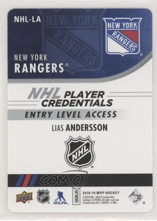 2018-19 MVP NHL Player Credentials Access Entry Level Lias Andersson Rookie RC - Image 2 of 2