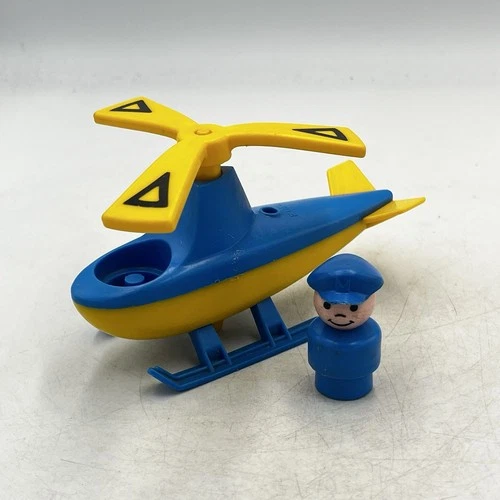 Vintage Fisher Price Little People Blue/Yellow Helicopter & Pilot Airport 1972