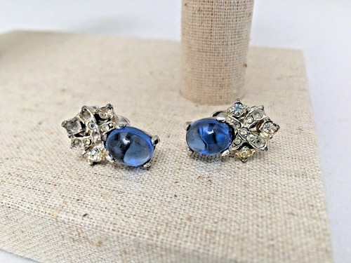 VTG Blue sapphire cabochon Crystal Rhinestone Clip Earrings - Picture 5 of 7