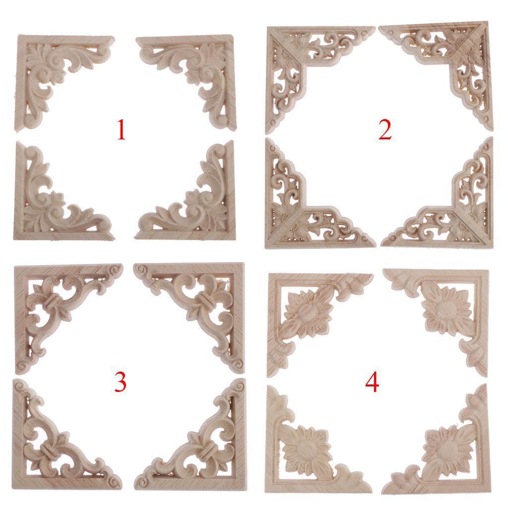 4Pcs Unpainted Wood Inlay Carved Corner Frame Decoration Flowers Onlay