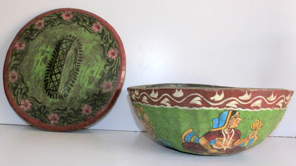 Arte popular de madera vintage diosa india pintura tazón grande olla con tapa Foto 2 de 4