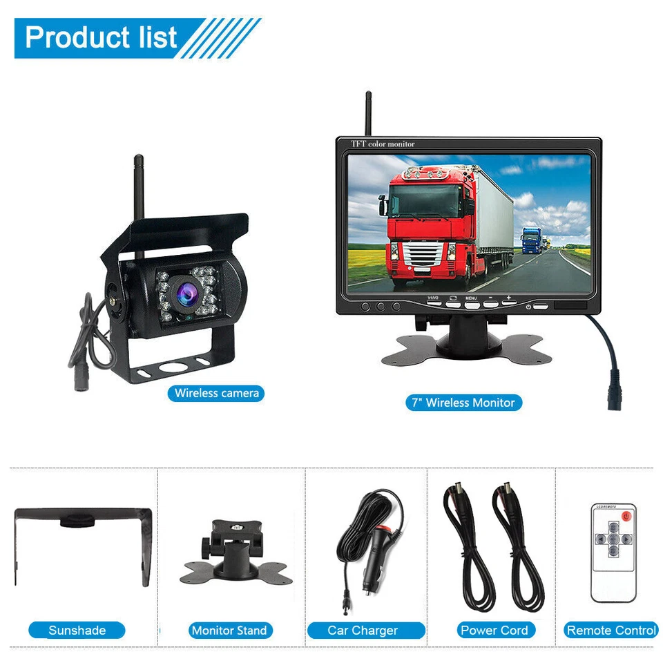 12-24V Digital Wireless Backup Camera w/ 7" Car Monitor for Truck Caravan RVs - Image 4 of 4
