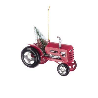 Vintage roter Traktor & Baum Metall Christbaumschmuck - Blumenseide Weihnachten NEU