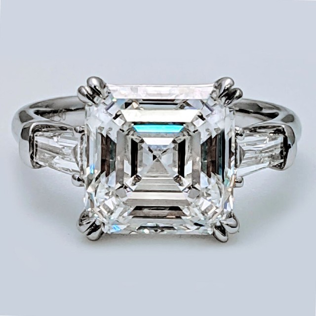 Lovely 3.40 ct Asscher Cut w/ Baguette 3 Stone Diamond Engagement Ring