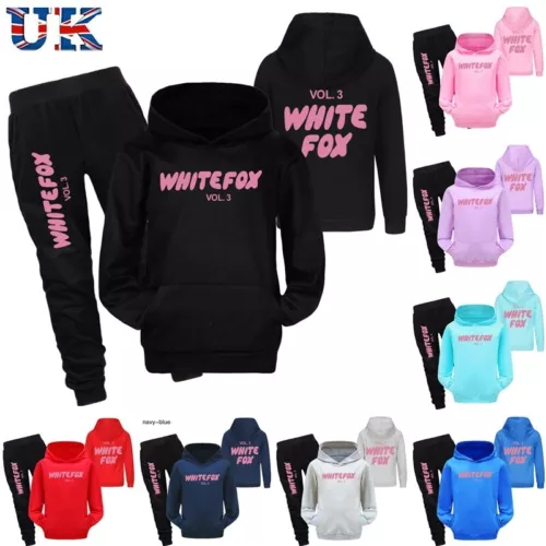 Kids Casual Hoodie Trousers Tracksuit Set White Print Fox Jumper Top+Pants Suits - Picture 2 of 37