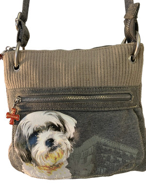 Fuzzy Nation Shih Tzu Small Dark Gray Crossbody Long Strap Faux Fur Interior