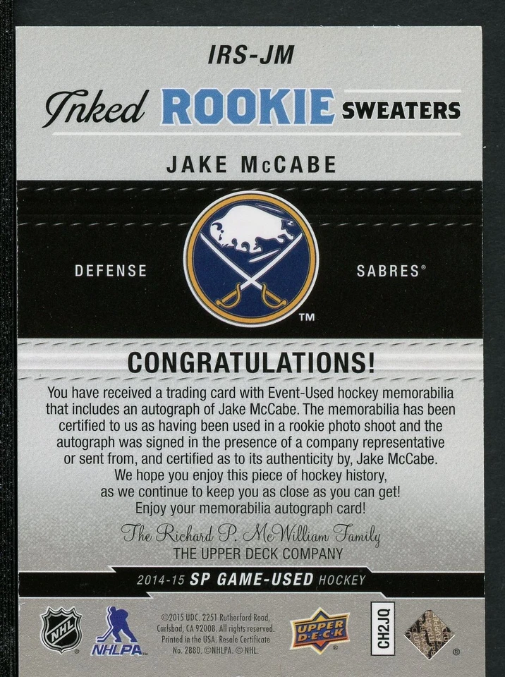 Jake McCabe 2014-15 Upper Deck SP Game Used /149 Inked Rookie Sweaters #IRS-JM - Image 2 of 2