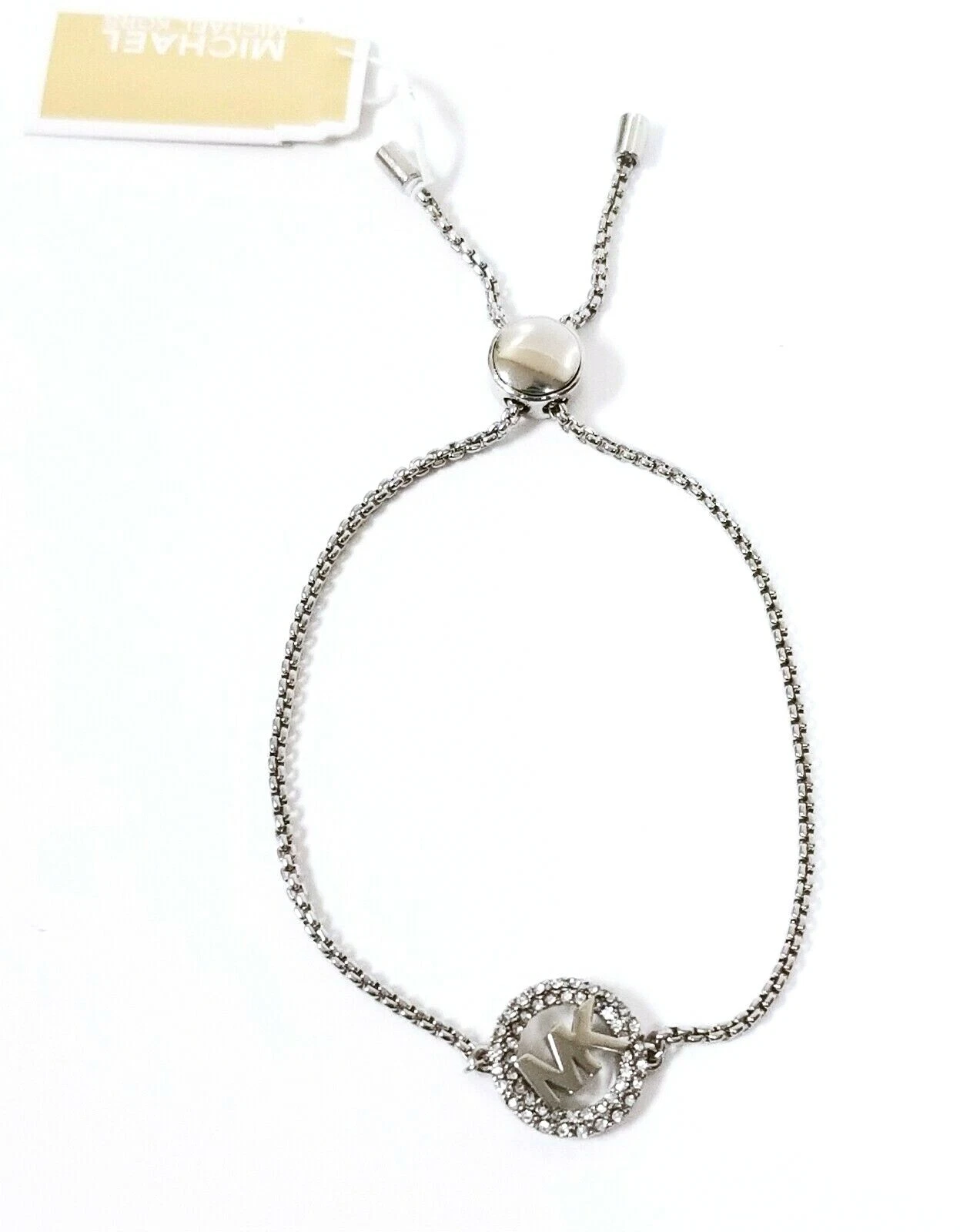 NEW MICHAEL KORS SILVER CHAIN LINK PAVE MK LOGO CHARM SLIDER BRACELET MKJ7320