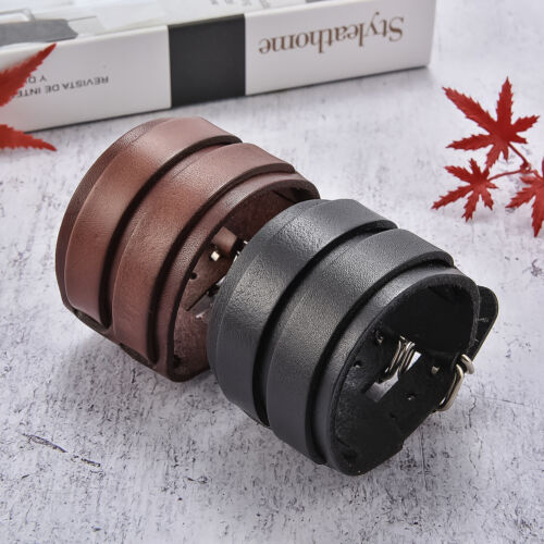 Herren Punk breit verstellbar Echtleder Gürtel Armband Manschette Armreif mit 2 Schnallen - Bild 4 von 21