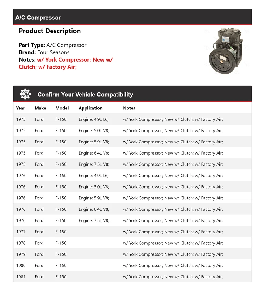Compresor de aire acondicionado para Ford F-150 1975-1981 4 estaciones 1976 1977 1978 1979 1980 Foto 2 de 4