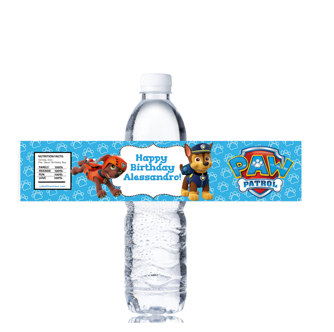 25 PAW PATROL BLUE PERSONALIZED water Bottle Labels, Printed