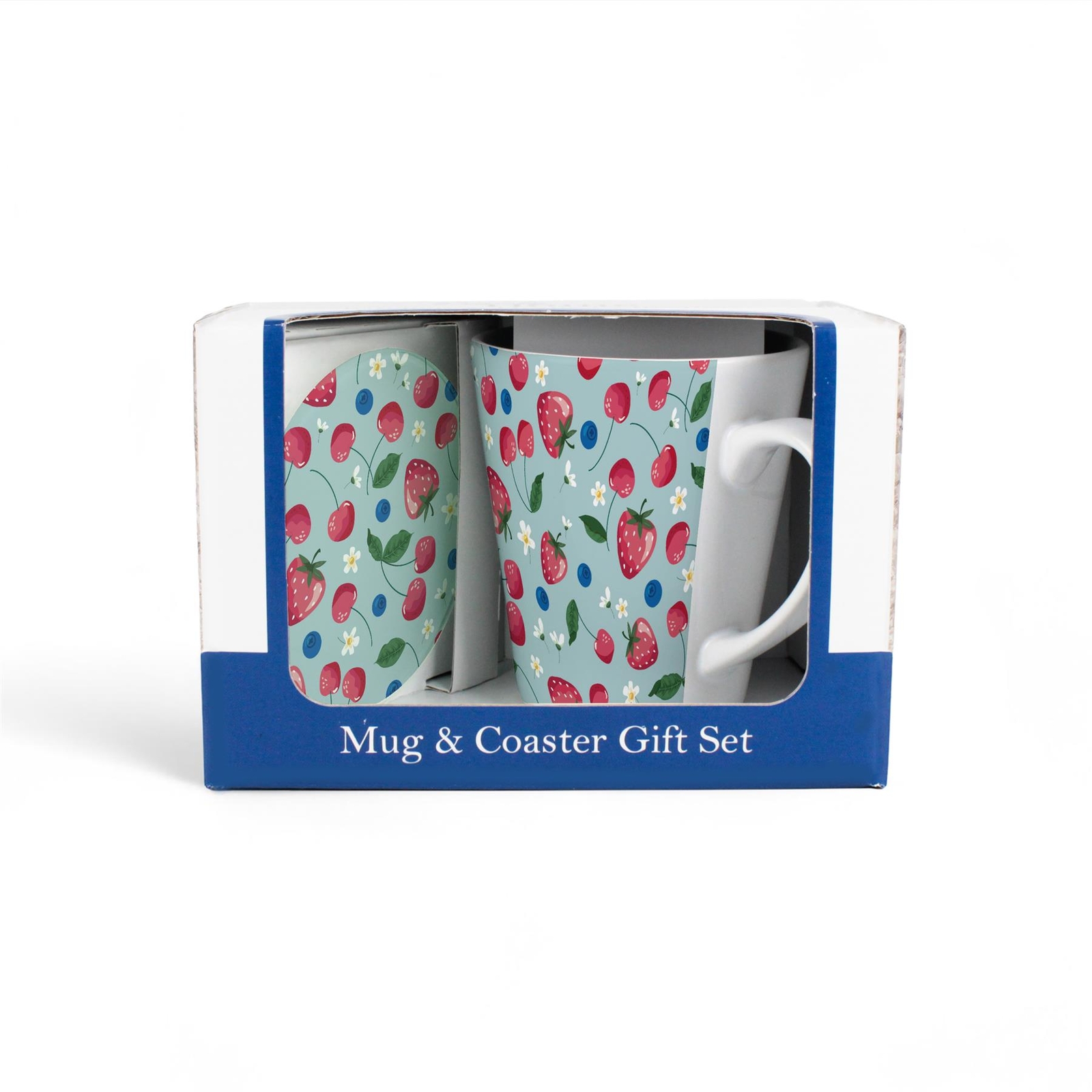Blue Cherries Latte Mug & Coaster Gift Set - Fun Drinkware Gifts for Her